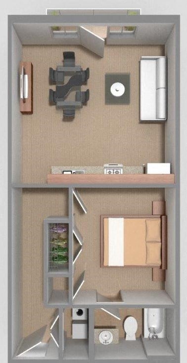 Floor plan for 1 bed, 1 bath, 661 sqft